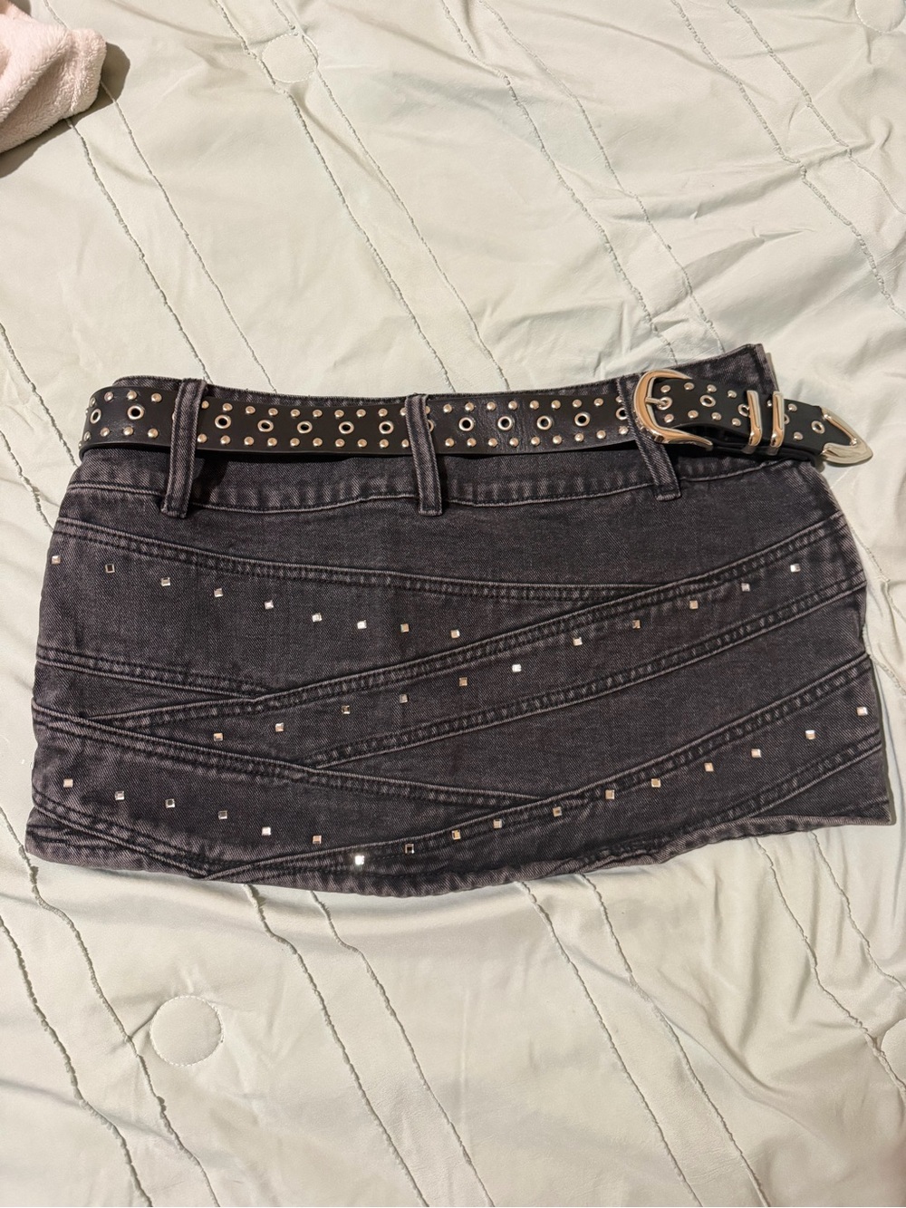 Fashion Nova Black Studded Mini Skirt with Grommet Belt